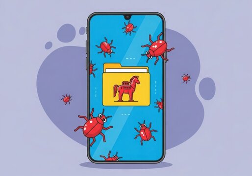 Smartphone cybersecurity threat trojan horse virus infecting a device