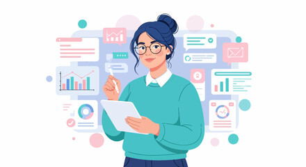 Modern businesswoman using digital tablet surrounded by charts, messages, and data icons. Concept of technology, productivity, and online communication illustration.