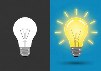 Split image unlit light bulb on dark side contrasts with glowing bulb on bright blue