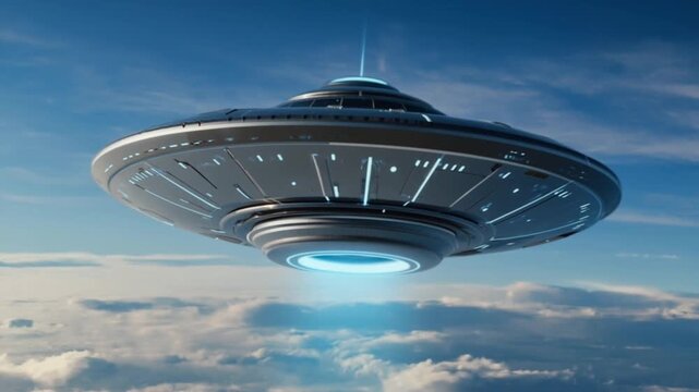 Spaceship approaches earth: futuristic ufo hovers in outer space