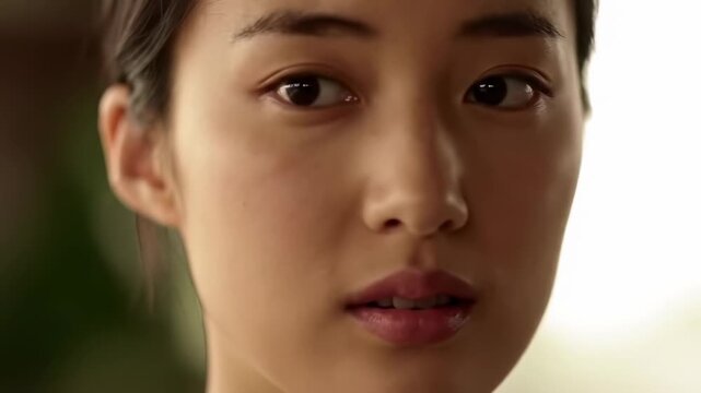 Close-up of a woman's face, soft focus and warm lighting, looking intently at the viewer with a slightly open mouth