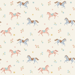 Naklejka premium Pattern with cute horses in soft watercolor style, pastel colors for baby and kids room. Seamless gentle design with flowers perfect for nursery decor and prints