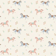 Pattern with cute horses in soft watercolor style, pastel colors for baby and kids room. Seamless gentle design with flowers perfect for nursery decor and prints © zenina