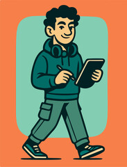 Teen Boy In Hoodie Checking Smartphone While Walking Friendly Urban Character