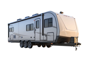Gray, modern RV with triple axles