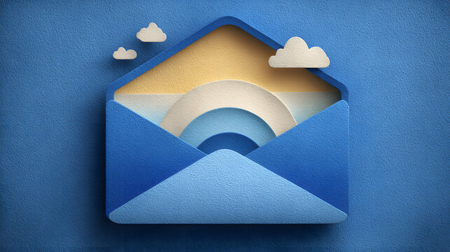 New email notification concept for business e-mail communication and digital marketing. Inbox receiving electronic message alert. Abstract minimalist design with cutout paper and blue background.