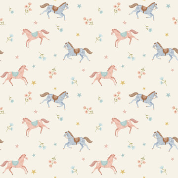 Pattern with cute horses in soft watercolor style, pastel colors for baby and kids room. Seamless gentle design with flowers perfect for nursery decor and prints