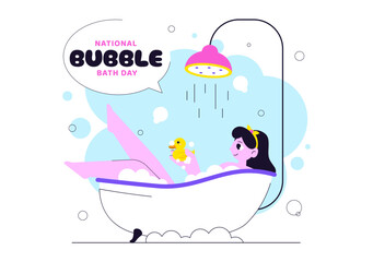 National Bubble Bath Day Vector Illustration Featuring Relaxing Spa Bath Scene with Bubbles, Towels, Candles, and Self Care in Flat Cartoon Style