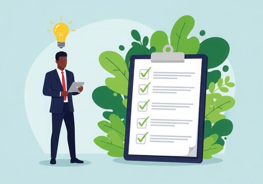 Black businessman with laptop and checklist surrounded by greenery symbolizing growth and success - Powered by Adobe