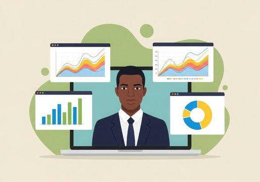 Professional black man analyzing financial data charts graphs and business metrics