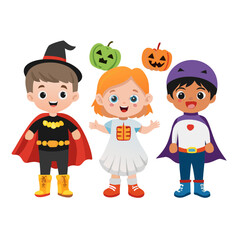 Four adorable cartoon children characters dressed in diverse Halloween costumes including pumpkin ghost and superhero outfits.
