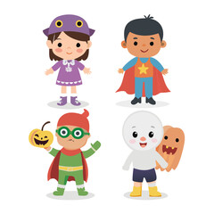 Four adorable cartoon children characters dressed in diverse Halloween costumes including pumpkin ghost and superhero outfits.
