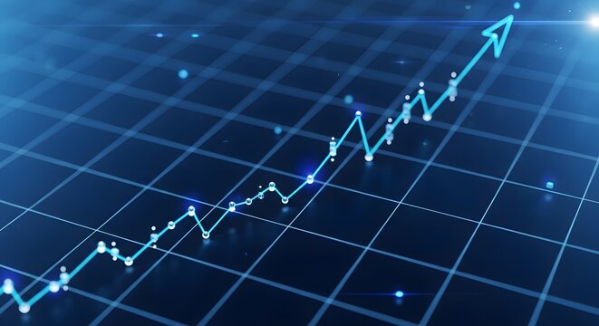 Digital Blue Line Graph Showing Upward Trend and Stock Market Growth on Grid Background