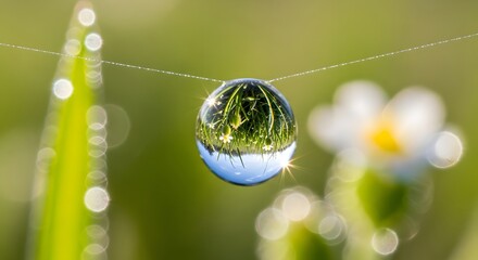 Macro shot of a perfect dewdrop magnifying green grass and blue sky on a spider silk