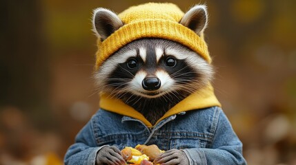 Raccoon wearing a yellow knit hat and denim jacket holding food in its hands looking at the camera