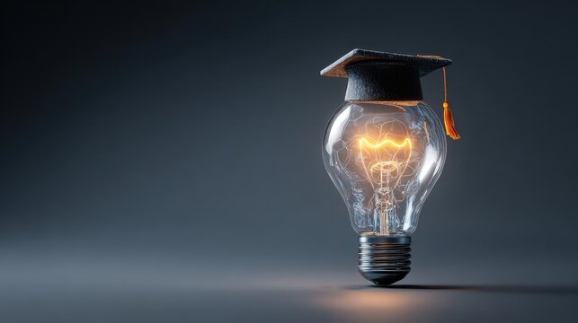 Glowing light bulb with graduation cap symbolizes education and innovation in a modern setting