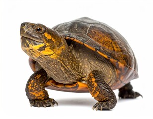 Obraz premium Close up Studio Portrait of a Terrapin Turtle with an Orange and Brown Shell Isolated on White