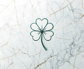 Minimalist green clover outline on white marble background.
