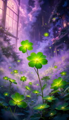 Magical glowing clovers floating in a dreamy enchanted forest.
