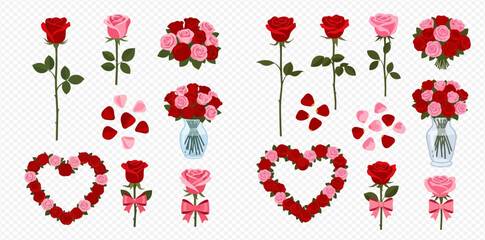 A collection of red and pink rose illustrations including single stems, bouquets, petals, heart shapes, and decorative roses with bows, perfect for romantic themes.