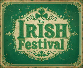 Vintage green sign with the text “Irish Festival” and shamrock decoration.
