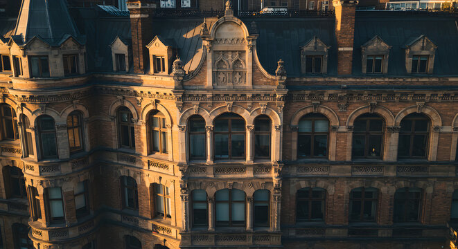 Detailed architectural view of a multistory brick building with arched windows ornate carvings and a dark roof
