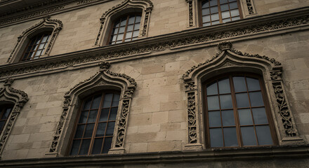 Fototapeta premium Facade of old building with decorative windows made of stones