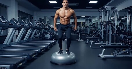 Athlete engaged in dynamic balance training on a stability ball, demonstrating powerful core strength and lower body workout in a contemporary gym setting - Powered by Adobe