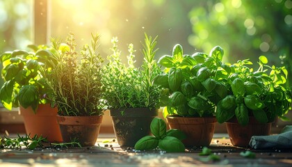 Fresh Potted Herbs on Sunny Windowsill: Basil, Rosemary, Thyme