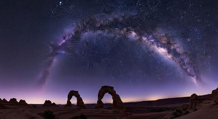 Majestic milky way galaxy arching over iconic delicate arch rock formations under a starry night sky