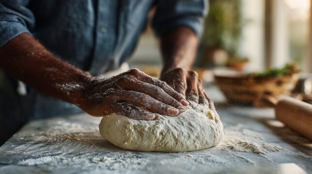 Man's hands covered in flour kneading fresh dough on a counter with a rolling pin