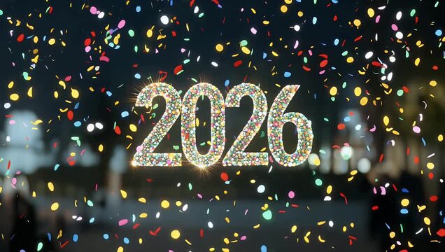 Festive 4K animation transitioning 2026 bright confetti glowing lights colorful celebration graphics symbolizing joy new opportunities excitement new year’s arrival