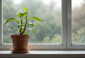 small green houseplant in terracotta pot rests on white window sill with falling rain. rainy background
