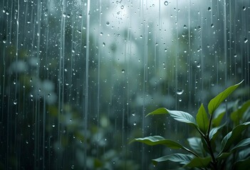 spring zen background, nature backdrop. raindrops on window glass with green plant in foreground, moody wet weather atmosphere