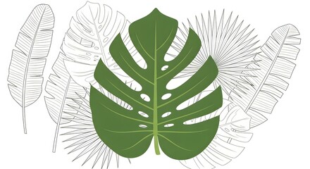 Vibrant Green Monstera Leaf Foreground with Subtle Outline Tropical Foliage Background