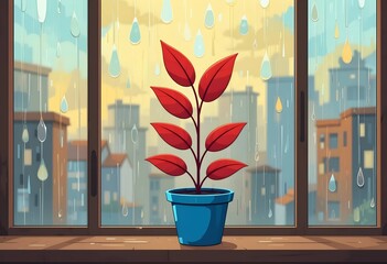 Red Leaf Plant in Blue Pot on Window Sill During Rainy City Sunset, Urban Indoor Greenery Illustration
