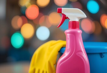 Pink spray bottle, yellow glove, blue bucket. cleaning home maintenance concept
