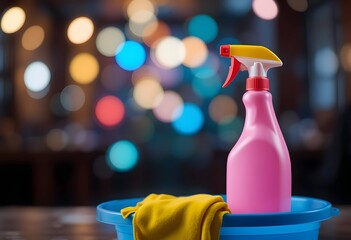 Pink spray bottle, yellow glove, blue bucket. cleaning home maintenance concept