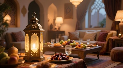 Ramadan Iftar Table with Lantern and Dates