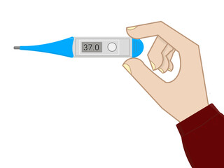 Hand holding digital thermometer showing normal body temperature 37°C. Health and wellness concept.