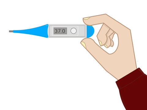 Hand holding digital thermometer showing normal body temperature 37&deg;C. Health and wellness concept.