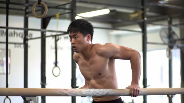 Asian man performing dips on parallel bars in a gym setting for fitness and workout