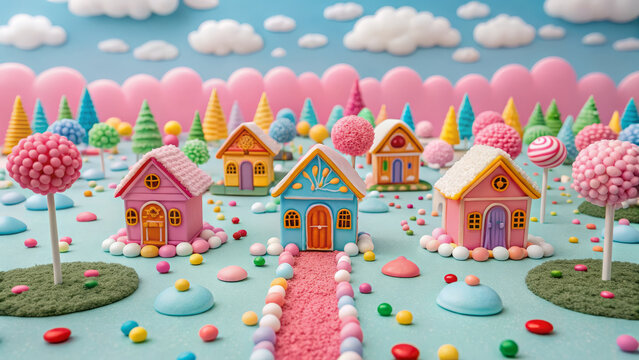 Candy land bird eye miniature pastel fantasy sweet village colorful whimsical
