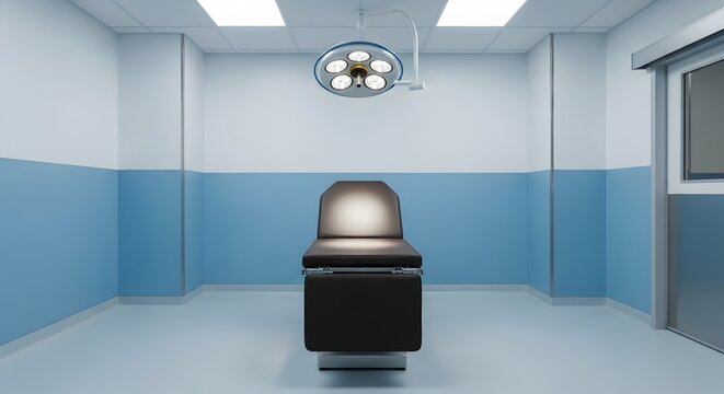 Empty Modern Operating Room with Surgical Table and Bright Overhead Lamp