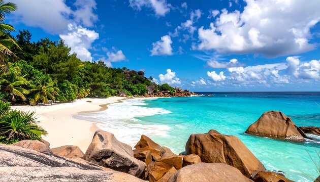 Sunny tropical cove with white sand and boulders - Powered by Adobe
