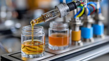 Bio Processor concept ,Liquid cooling system laboratory nutrient syrup dropper glass jar stainless steel tubing valve nozzle