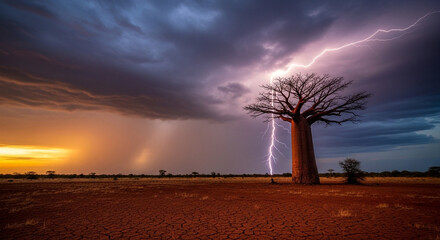 Dramatic lightning strike illuminates a solitary baobab tree during a powerful thunderstorm at sunset in arid landscape