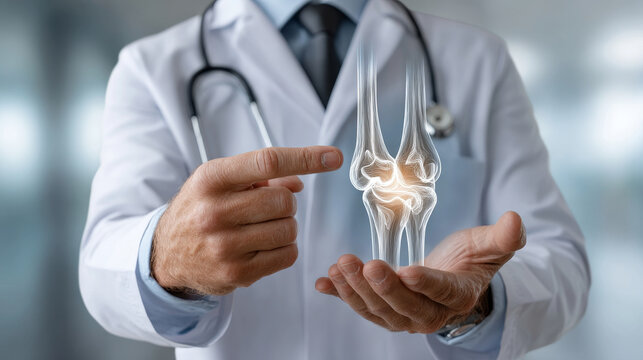 Rheumatoid and arthritis concept ,doctor stethoscope hand finger hologram knee joint arthritis calm guidance for patient care