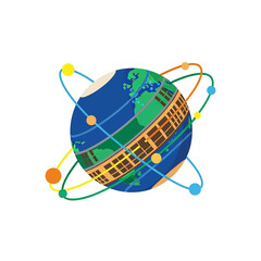 A stylized illustration of planet Earth with orbiting satellites and lines representing global connectivity.