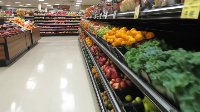 shelves of vegetables and fruits for shopping in the store aisles are full of fresh and colorful products